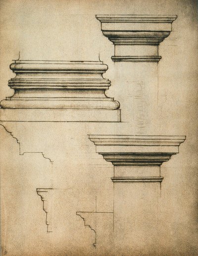 Basis en kapitelen van een pilaar; tekening door Michelangelo door Michelangelo Buonarroti